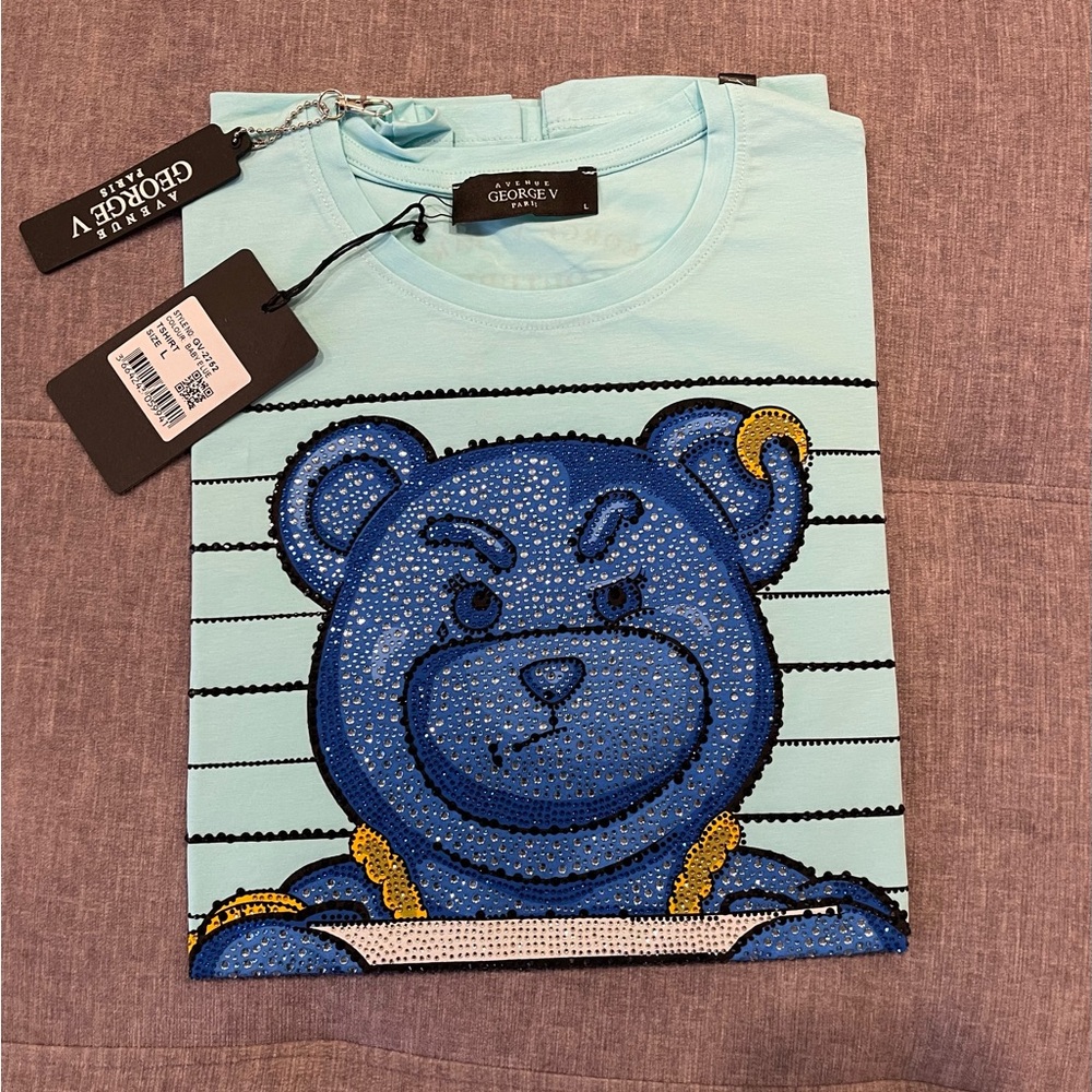 Avenue George V Paris T-shirt Teddy bear rhinestone Men’s Luxury Blue Shirt NWT - Picture 6 of 7